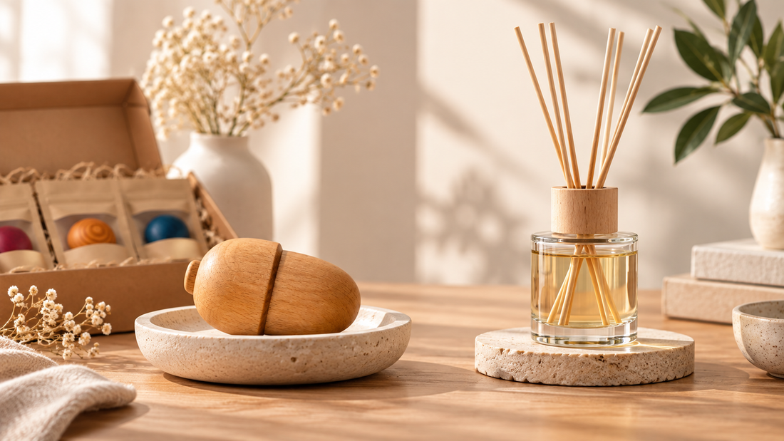 Duftholz in einer Schale neben einem Stäbchen-Diffuser mit Duftöl