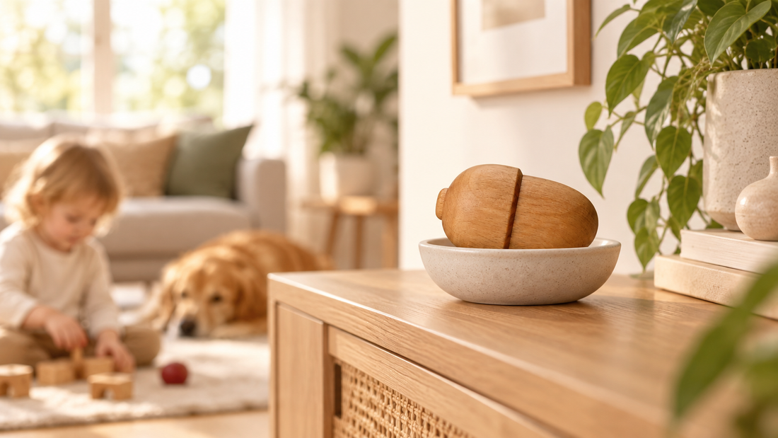 Duftholz in einer Keramikschale auf einem Sideboard, im Hintergrund ein spielendes Kind und ein schlafender Hund