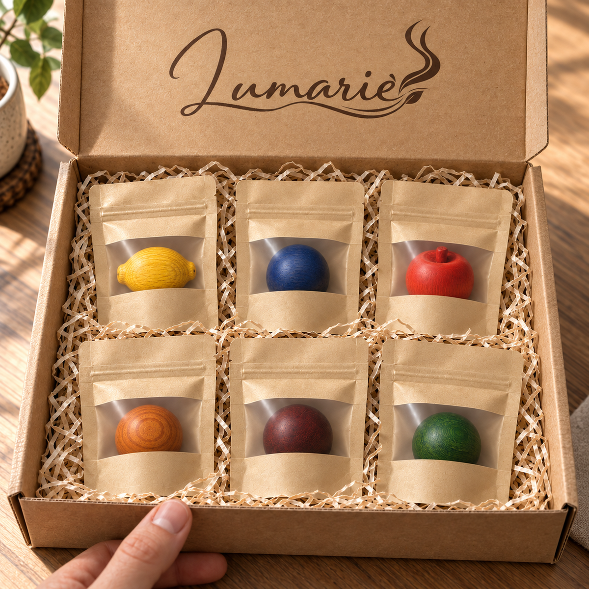 Lumarie Duftreise 6er Duftholz-Set im Versandkarton: Zitrone, Lavendel, Wildkirsche, Jasmin, Sandelholz, Eukalyptus