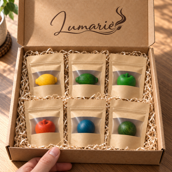 Lumarie Frische Vielfalt 6er Duftholz-Set im Versandkarton: Zitrone, Limette, Grüner Apfel, Orange, Flieder, Eukalyptus