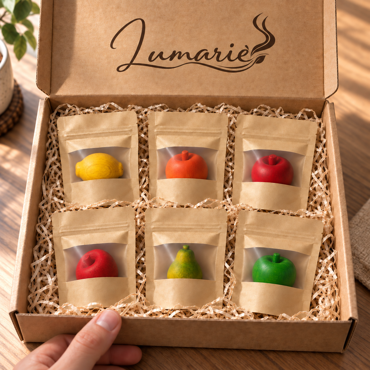 Lumarie Fruchtgarten 6er Duftholz-Set im Versandkarton: Zitrone, Orange, Wildkirsche, Erdbeere, Birne, Grüner Apfel