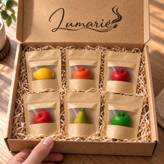 Lumarie Fruchtgarten 6er Duftholz-Set im Versandkarton: Zitrone, Orange, Wildkirsche, Erdbeere, Birne, Grüner Apfel