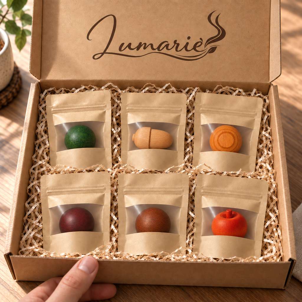 Lumarie Wald & Wärme 6er Duftholz-Set im Versandkarton: Tanne, Zeder, Zirbe, Sandelholz, Zimt, Orange