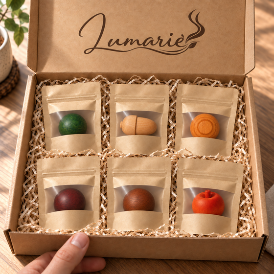 Lumarie Wald & Wärme 6er Duftholz-Set im Versandkarton: Tanne, Zeder, Zirbe, Sandelholz, Zimt, Orange
